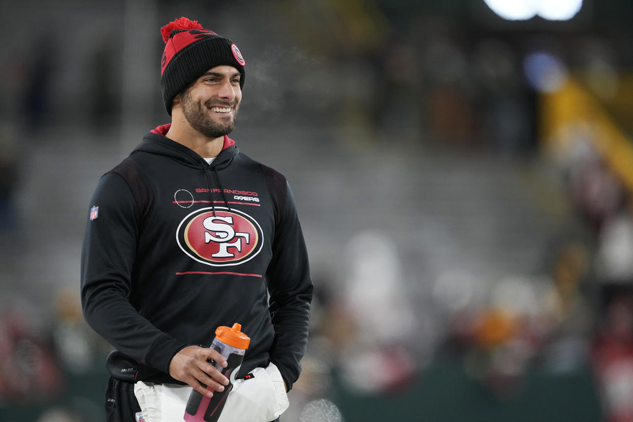 Why is this man smiling? Because life is good for Jimmy Garoppolo. (Stacy Revere/Getty Images)