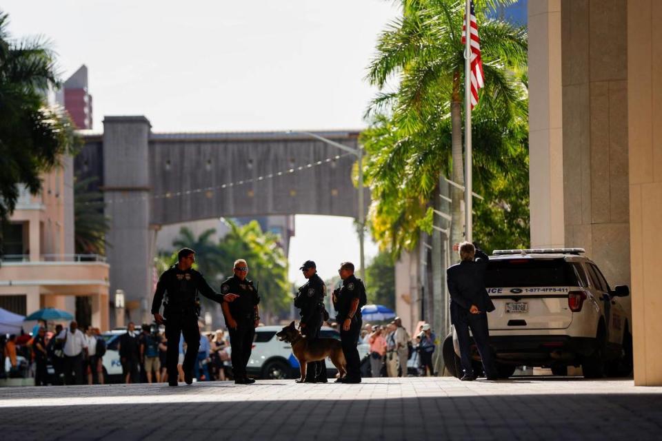 Homeland Security Police Officer (DHS) outside the Wilkie D. Ferguson Jr. U.S. Courthouse, Tuesday, June 13, 2023, in Miami. Prior Former President Donald Trump is making a federal court appearance on dozens of felony charges accusing him of illegally hoarding classified documents.