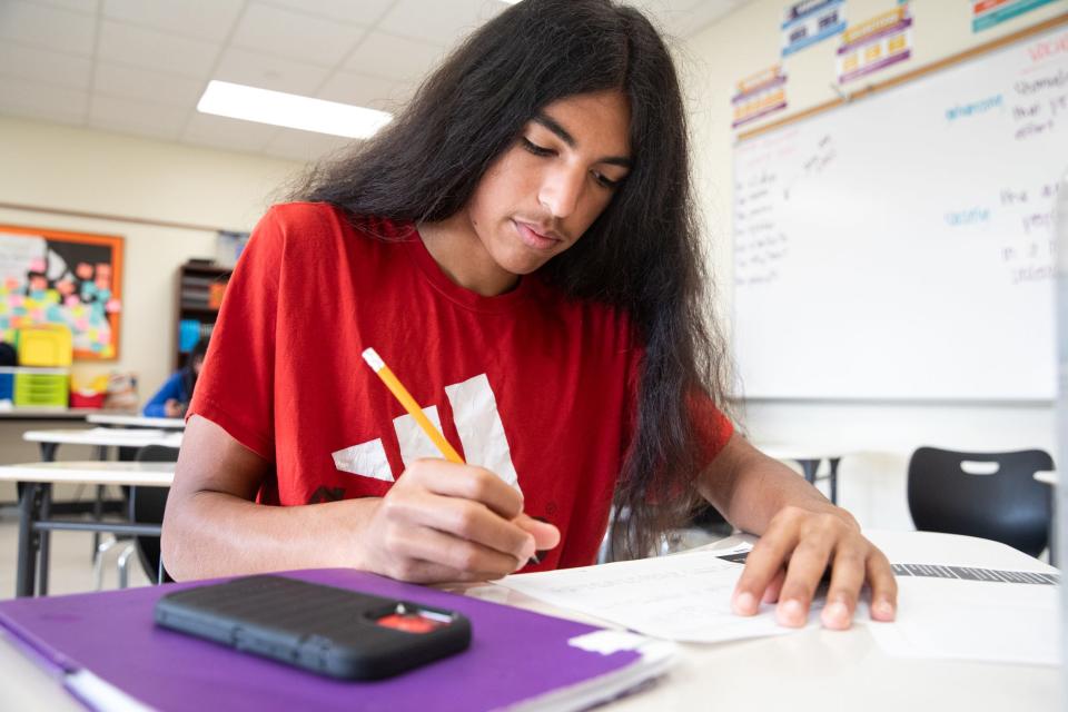 Santos Zavala completes make-up class work during a voluntary half-day at H.M. King Early College High School on Friday, Feb. 9, 2024, in Kingsville, Texas.