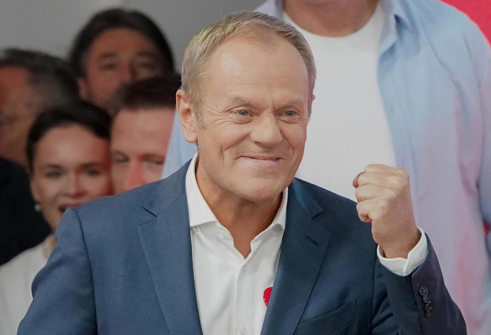 Donald Tusk addresses supporters at   the Civic Coalition's headquarters in Warsaw, Poland, on Oct. 15, 2023. / Credit: Janek Skarzynski/AFP via Getty Images