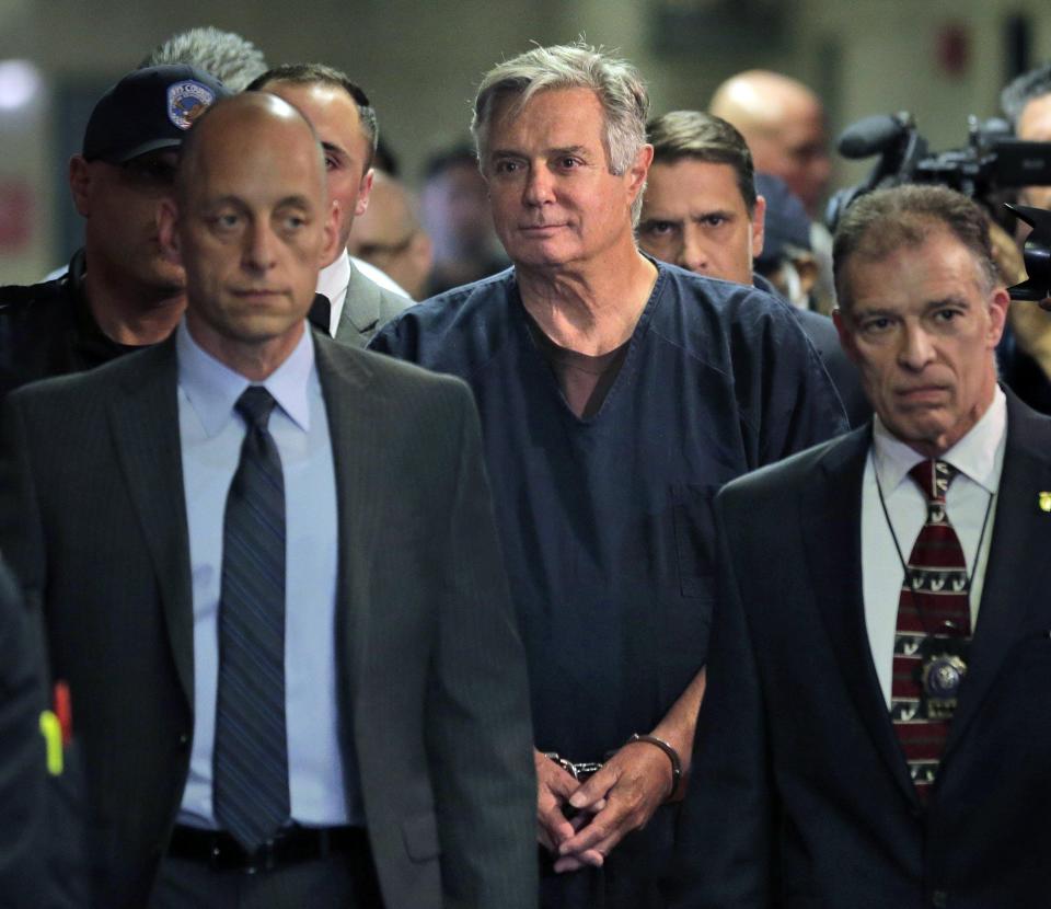 FILE - In this June 27, 2019 file photo, Paul Manafort arrives in court in New York. Manafort has been released from federal prison to serve the rest of his sentence in home confinement over concerns about the coronavirus, his lawyer said Wednesday.