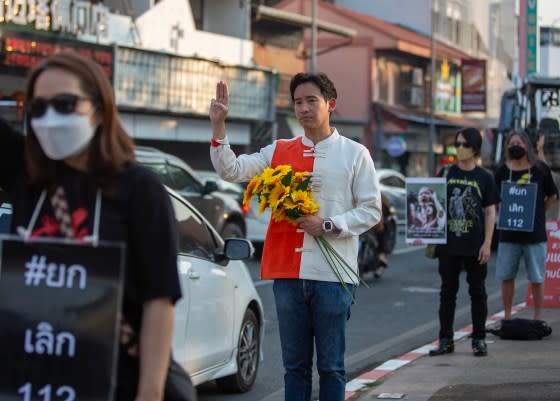 Pita joins a demonstration—demanding the release of two young pro-democracy activists who were detained for criticizing the monarchy—at Tha Phae Gate in Chiang Mai, Thailand, Feb. 4, 2023.<span class="copyright">Pongmanat Tasiri—SOPA/LightRocket/Getty Images</span>