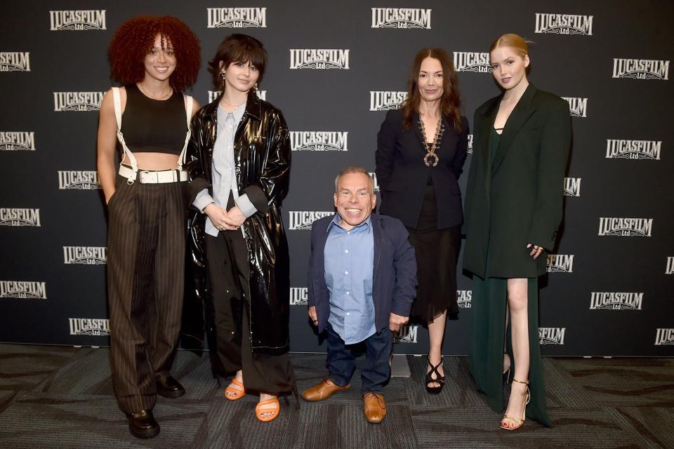 Erin Kellyman, Ruby Cruz, Warwick Davis, Joanne Whalley and Ellie Bamber attend the studio showcase panel at Star Wars Celebration for “Willow” in Anaheim, California on May 26, 2022