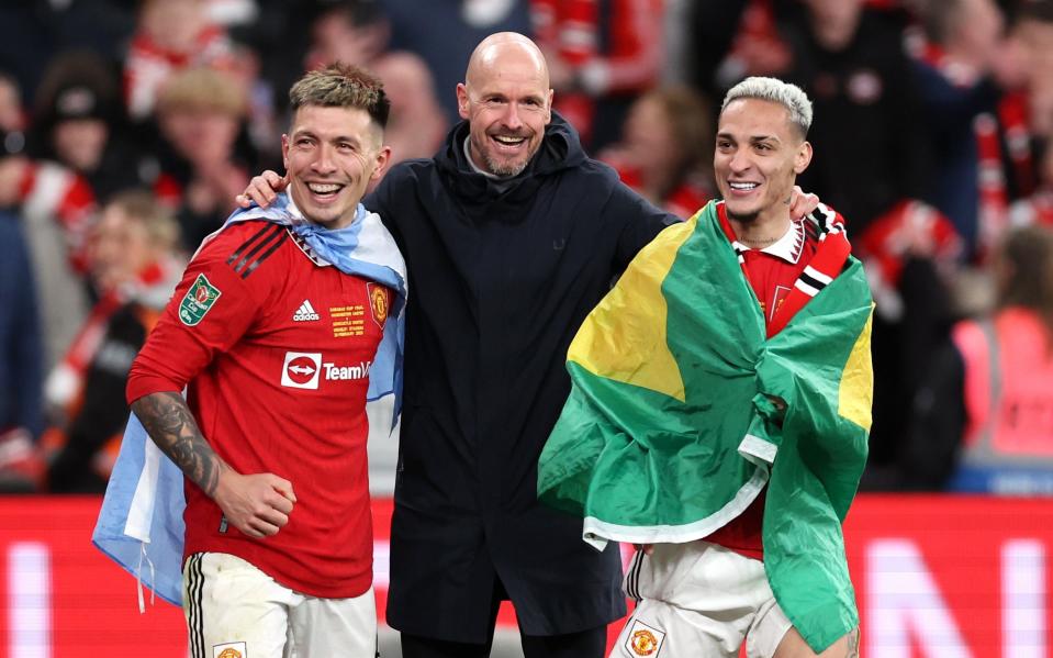 Erik ten Hag celebrates with Lisandro Martinez and Antony - Man Utd win Carabao Cup in lift-off for Ten Hag era - Getty Images/Julian Finney