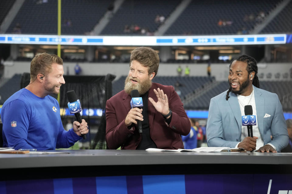 Aug 19, 2022; Inglewood, California, Los Angeles Rams coach Sean McVay is interviewed by Ryan Fitzpatrick and Richard Sherman on the Amazon Prime Thursday Night Football set before the game against the Houston Texans at SoFi Stadium. (Kirby Lee-USA TODAY Sports)