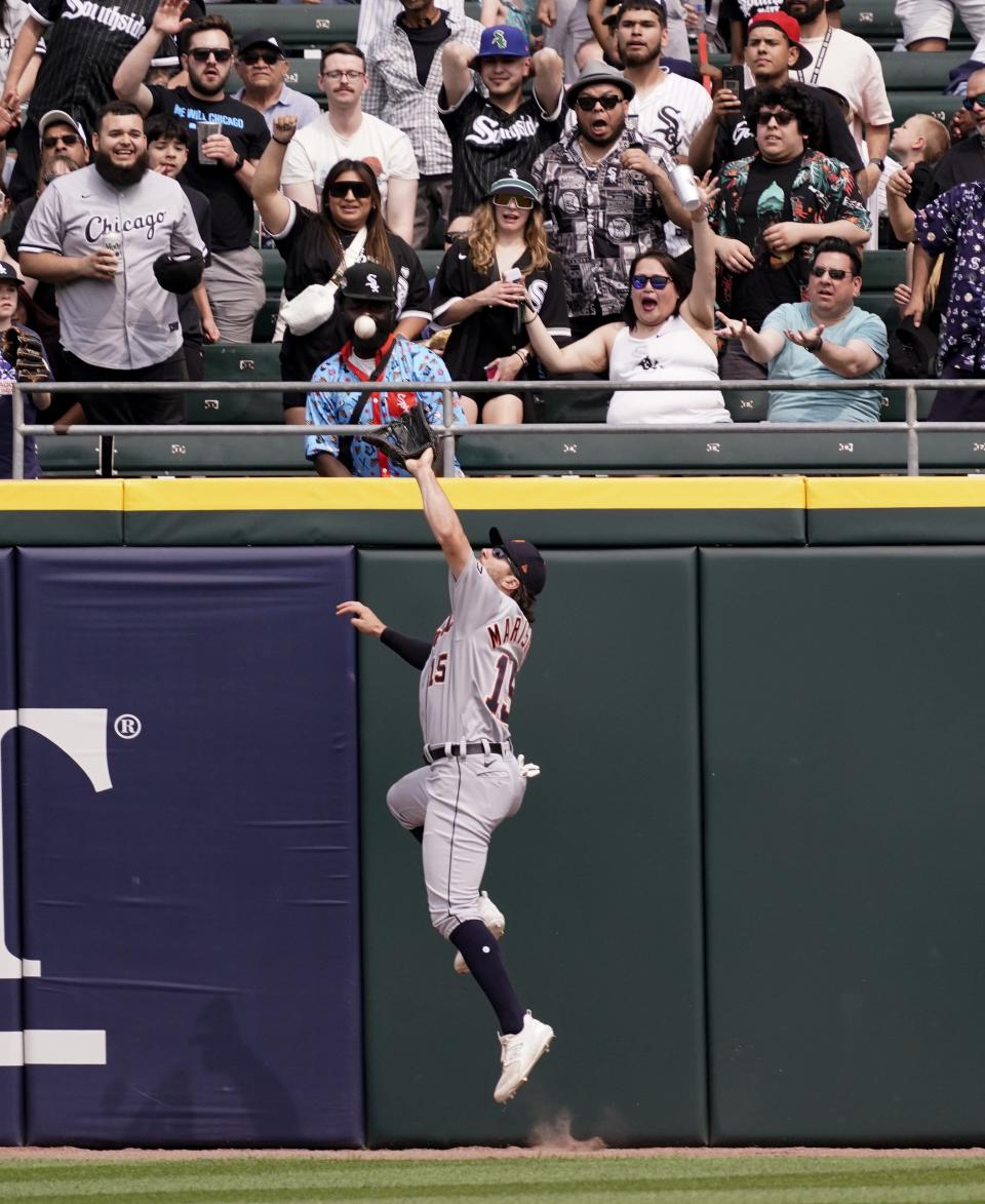 Jake Marisnick of the Detroit Tigers catches the fly out by Andrew Vaughn of the Chicago White Sox during the eighth inning of a game at Guaranteed Rate Field on June 4, 2023 in Chicago.
