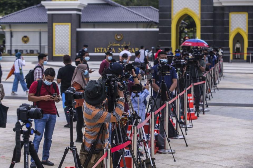 Members of the media gather outside Istana Negera, Kuala Lumpur October 25, 2020. Media practitioners said there has been scant progress when it comes to championing women rights in the media industry. — Picture by Hari Anggara