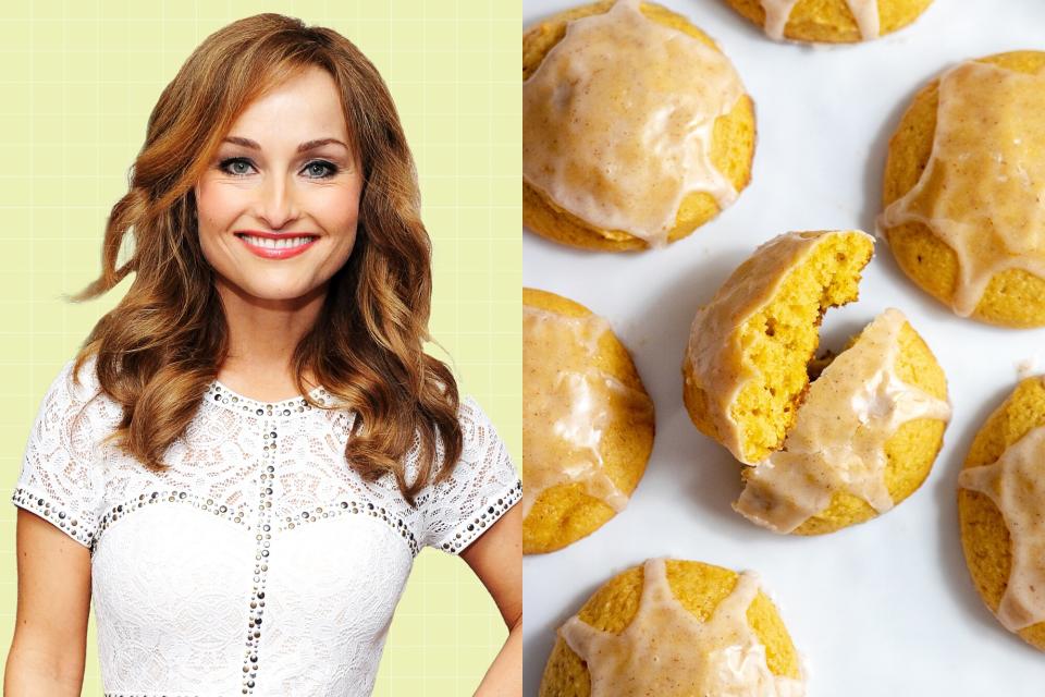 Giada De Laurentiis on a designed background next to her FAMOUS COOKIES GOT A FALL MAKEOVER