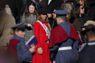 Miss Virginia Tatum Sheppard stands in a crowd ahead of the inauguration ceremony, Saturday, Jan. 15, 2022, in Richmond. Virginia Gov.-elect Glenn Youngkin will be sworn in today. (AP Photo/Julio Cortez)