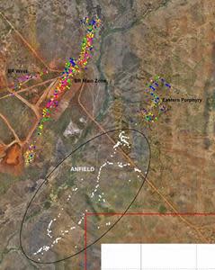 Anfield Zone in Relation to Buckreef Gold Main Zone, Buckreef West & Eastern Porphyry (White Dots Represent Artisanal Mine Workings – See Figure 4 for Legend)