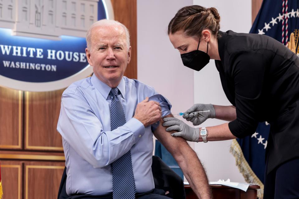 President Joe Biden receives a fourth dose of the Pfizer-BioNTech Covid-19 vaccine in the South Court Auditorium on March 30 in Washington, D.C.