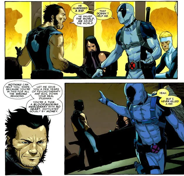 <em>Deadpool afirma para Wolverine que nunca matou uma criança. (Imagem: Reprodução/Marvel Comics)</em>