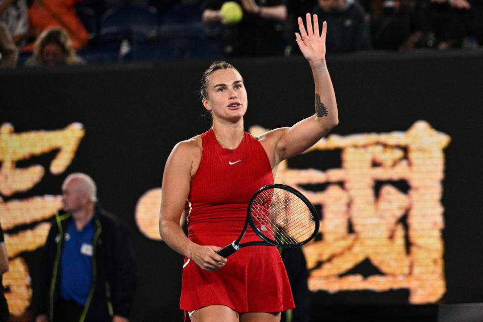 Belarus' Aryna Sabalenka celebrates after victory against Germany's Ella Seidel in their women's singles match on day one of the Australian Open tennis tournament in Melbourne on January 15, 2024. (Photo by Anthony WALLACE / AFP) / -- IMAGE RESTRICTED TO EDITORIAL USE - STRICTLY NO COMMERCIAL USE -- (Photo by ANTHONY WALLACE/AFP via Getty Images)