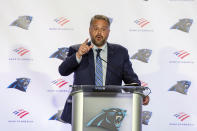 Carolina Panthers NFL football team's new head coach Matt Rhule talks to the media during a news conference at the teams practice facility, Wednesday, Jan. 8, 2020, in Charlotte, N.C. (AP Photo/Mike McCarn)