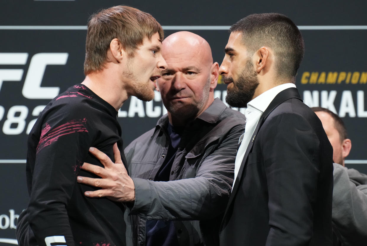 LAS VEGAS, NEVADA - DECEMBER 08: (L-R) Opponents Bryce Mitchell and Ilia Topuria of Germany face off during the UFC 282 press conference at MGM Grand Garden Arena on December 08, 2022 in Las Vegas, Nevada. (Photo by Chris Unger/Zuffa LLC)