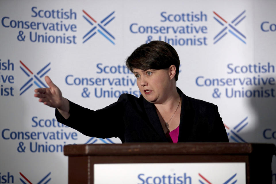 Leader of the Scottish Conservatives Ruth Davidson during a press conference in Edinburgh, Scotland, following her announcement that she has resigned as leader of the Scottish Conservatives, Thursday Aug. 29, 2019. Ruth Davidson resigns as Scottish Conservative Party leader amid political firestorm on Brexit, and cites family reasons for her decision to stand down. (Jane Barlow/PA via AP)