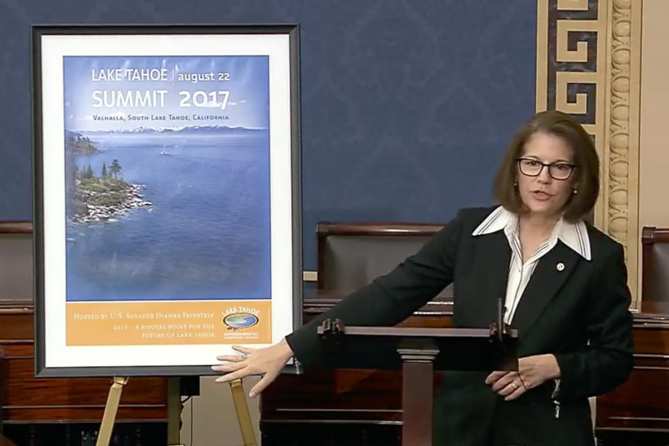 This image from U.S. Senate video, Sen. Catherine Cortez Masto, D-Nev., speaks about the late Sen. Dianne Feinstein in the Senate chamber on Friday, Sept. 29, 2023, in Washington. In tributes to Feinstein after her death, her female colleagues talked about her indomitable, fierce intelligence and how she had paved the way for so many women. Feinstein was the first female mayor of San Francisco, one of California’s first two female senators and the first female chairwoman of the Senate Intelligence Committee. (Senate Television via AP)