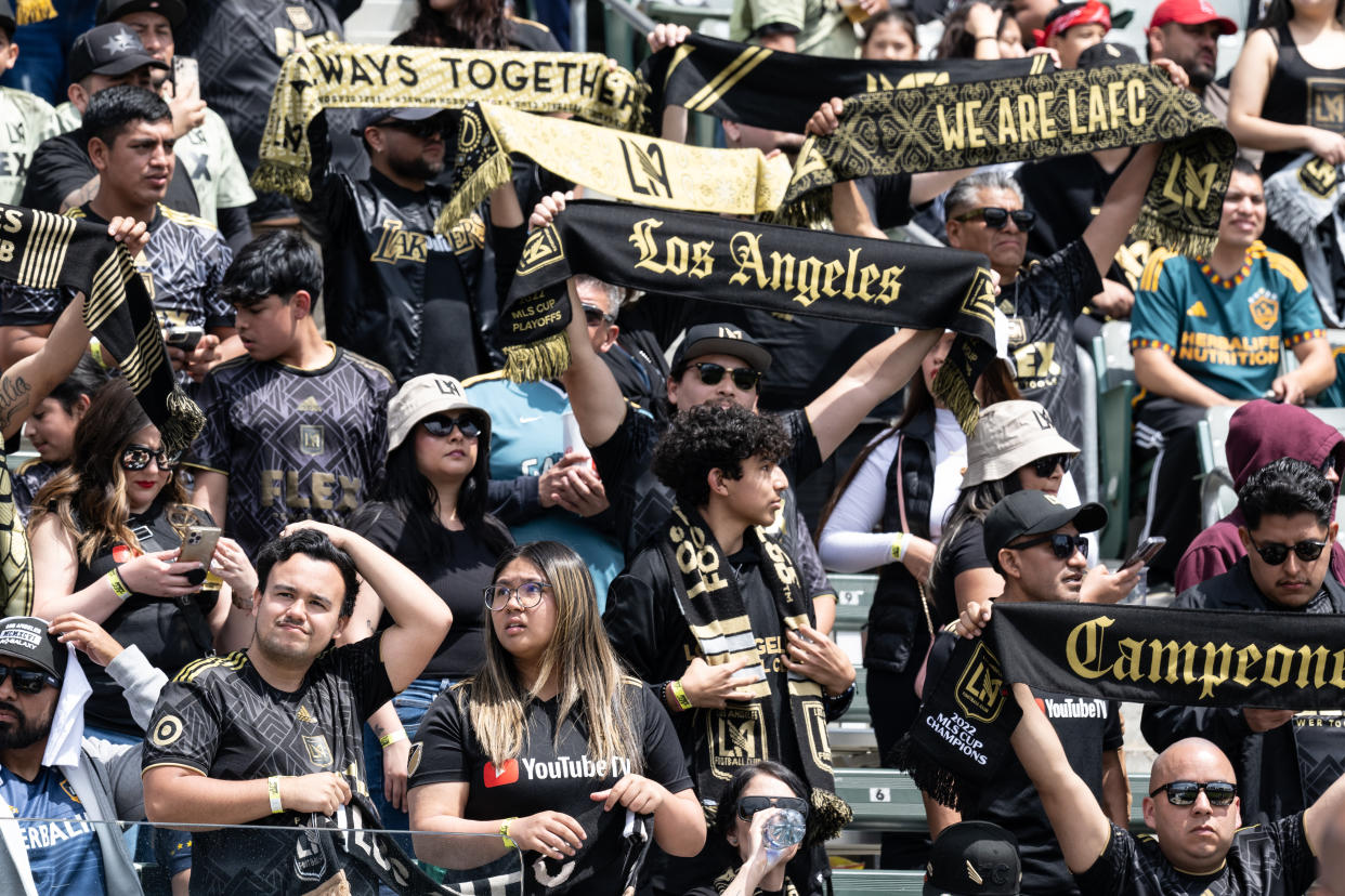 LAFC fans effectively took over Dignity Health Sports Park during a game against the crosstown rival LA Galaxy, which was supposedly the home team on April 16, 2023 in Carson, California. (Photo by Shaun Clark/Getty Images)