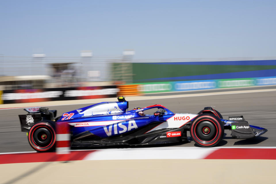 Visa, the team previously known as AlphaTauri driver Yuki Tsunoda of Japan steers his car during the first practice session ahead of the Formula One Bahrain Grand Prix at the Bahrain International Circuit in Sakhir, Bahrain, Thursday, Feb. 29, 2024. (AP Photo/Darko Bandic)