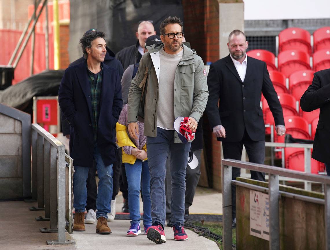 Wrexham co-owner, actor Ryan Reynolds arrives prior to the English FA Cup 4th round Soccer match between Wrexham and Sheffield United at The Racecourse Ground, in Wrexham, England, Sunday, Jan. 29, 2023. Peter Byrne/AP