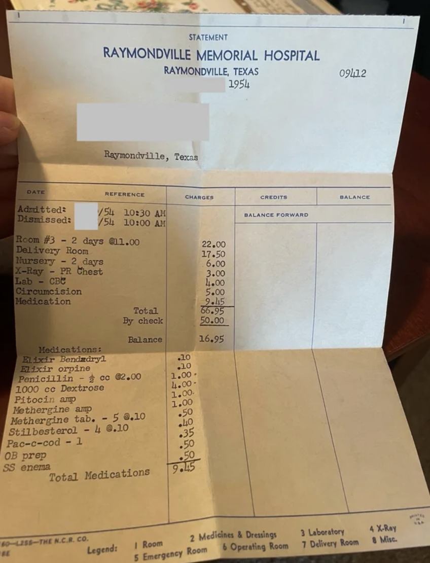 Summary of a 1951 hospital bill with various charges, including room, delivery, medications, totaling $76.40