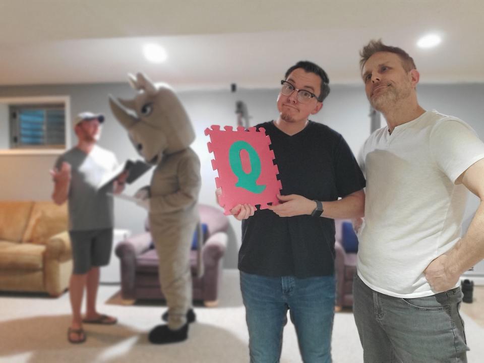 (From L to R): Ryan Richards, Eugene the Rhino, Brendan Hawkins and Joe Cameron rehearsing for "QAnon the Musical," which is set to premiere at IndyFringe Festival Aug. 18 through Sept. 4, 2022 in Indianapolis.