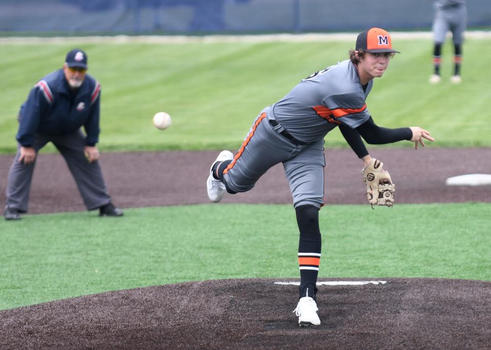 Marlington's Tommy Skelding delivers a pitch against Streetsboro in the top of the  5th  i of Division II Baseball District Semifinal at Louisville.   Monday, May 23, 2022