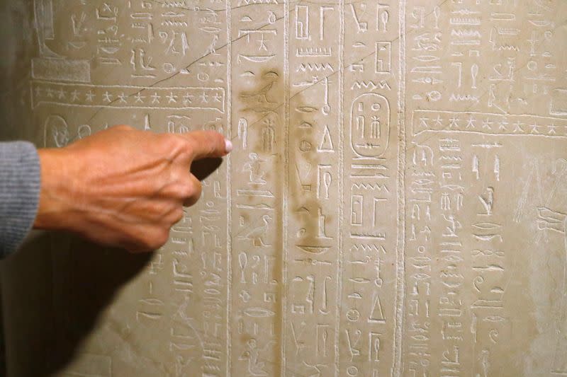 Friederike Seyfried, Director of the Egyptian Museum and Papyrus Collection shows a damaged sarcophagus of the prophet Ahmose in Berlin