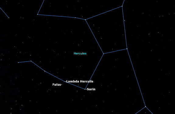 The large asteroid Pallas will be in opposition to the Sun in Hercules on Thursday, June 11.