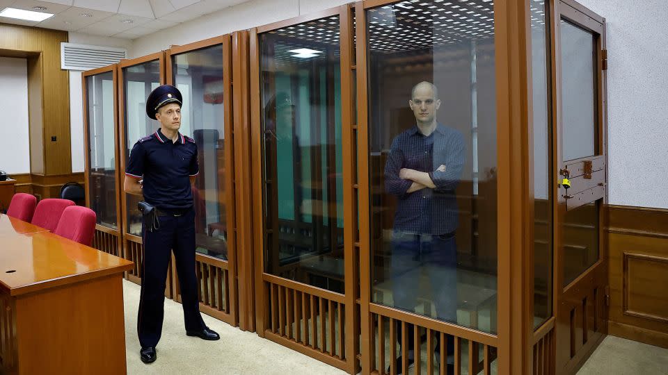 Gershkovich seen inside an enclosure for defendants in Yekaterinburg, Russia on June 26, 2024. - Evgenia Novozhenina/Reuters