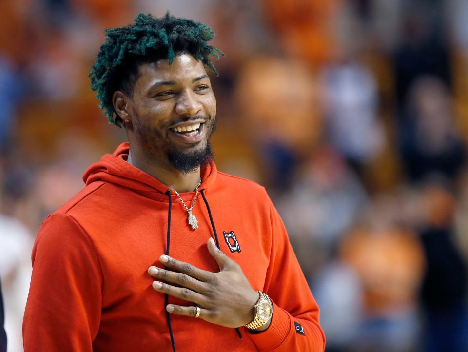 Marcus Smart reacts after being introduced in the first half during the college basketball game between Oklahoma State University Cowboys and the West Virginia Mountaineers at Gallagher-Iba Arena in Stillwater, Okla., Monday, Jan.2, 2023.