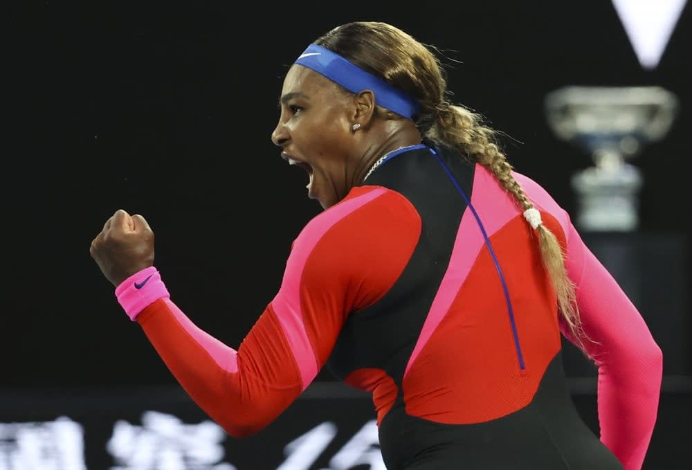 United States’ Serena Williams reacts after winning a point against Romania’s Simona Halep during their quarterfinal match at the Australian Open tennis championship in Melbourne, Australia, Tuesday, Feb. 16, 2021.(AP Photo/Hamish Blair)