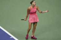 Aryna Sabalenka, of Belarus, reacts during a match against Coco Gauff, of the United States, during the women's singles final of the U.S. Open tennis championships, Saturday, Sept. 9, 2023, in New York. (AP Photo/John Minchillo)