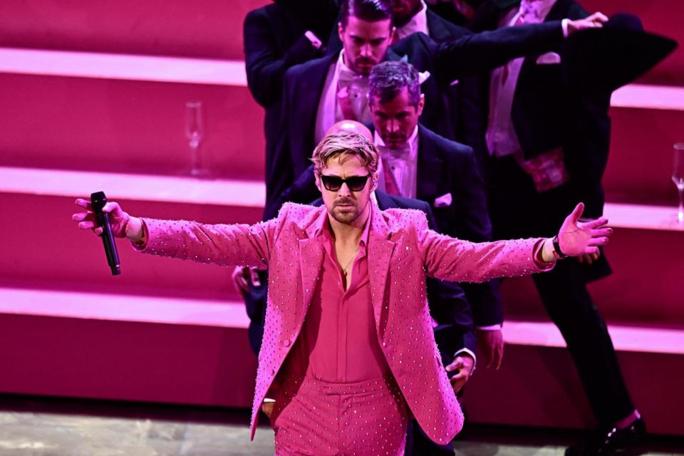 PHOTO: Ryan Gosling performs 'I'm Just Ken' from 'Barbie' onstage during the 96th Annual Academy Awards at the Dolby Theatre in Hollywood, Calif., on March 10, 2024. (Patrick T. Fallon/AFP via Getty Images)