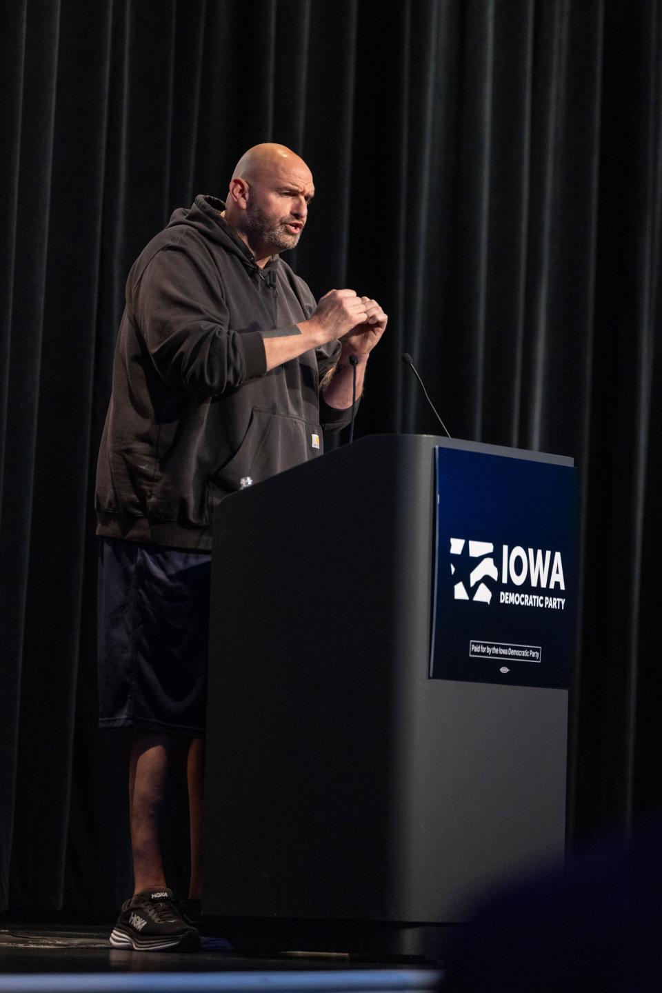 Nov 4, 2023; Altoona, Iowa, United States; Pennsylvania Senator John Fetterman speaks at the Iowa Democrats Liberty and Justice Celebration. Mandatory Credit: Rachel Mummey-The Des Moines Register