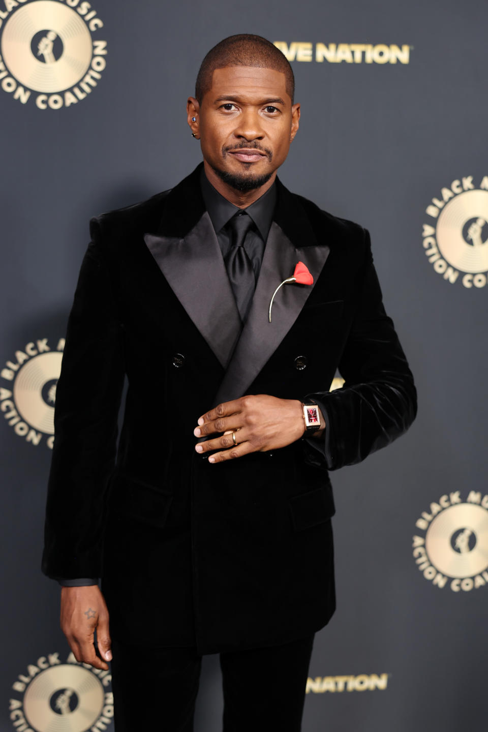 A man in a tailored black velvet suit with a red lapel pin, standing on a step-and-repeat backdrop for a celebrity event