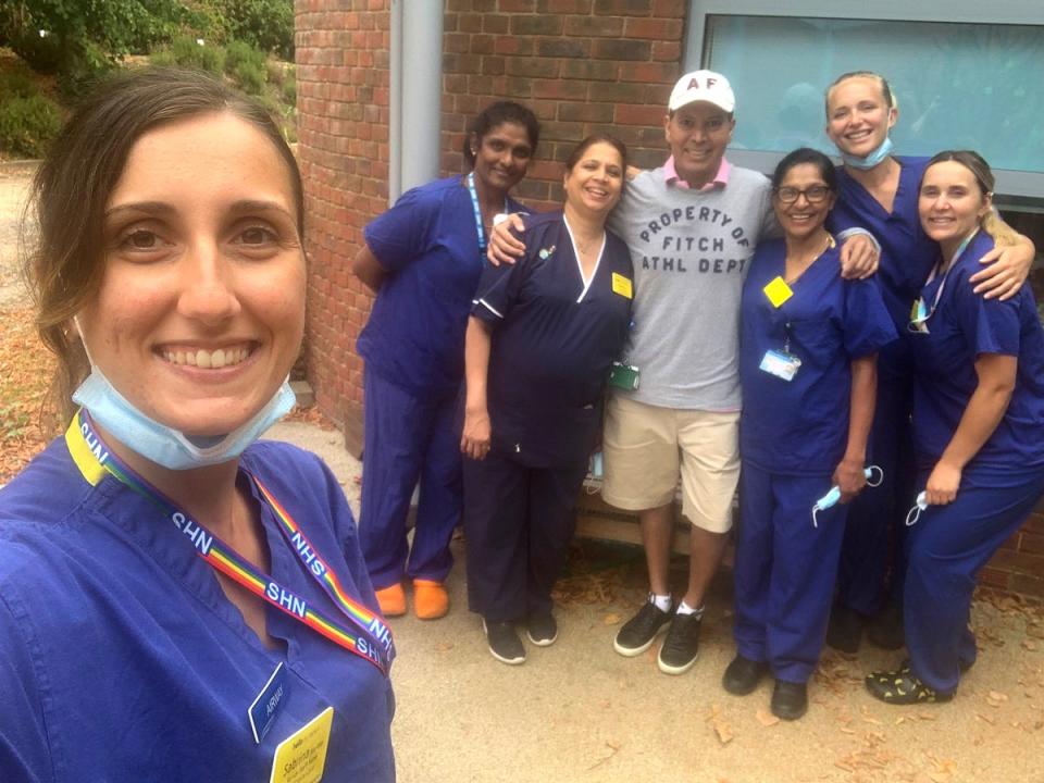 Franco poses with nurses as he recovers from his surgery (PA)