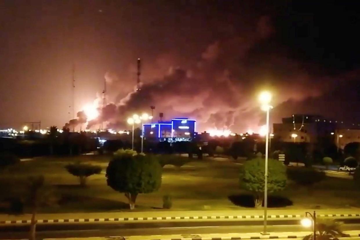 Smoke is seen following a fire at an Aramco factory in Abqaiq, Saudi Arabia: VIDEOS OBTAINED BY REUTERS