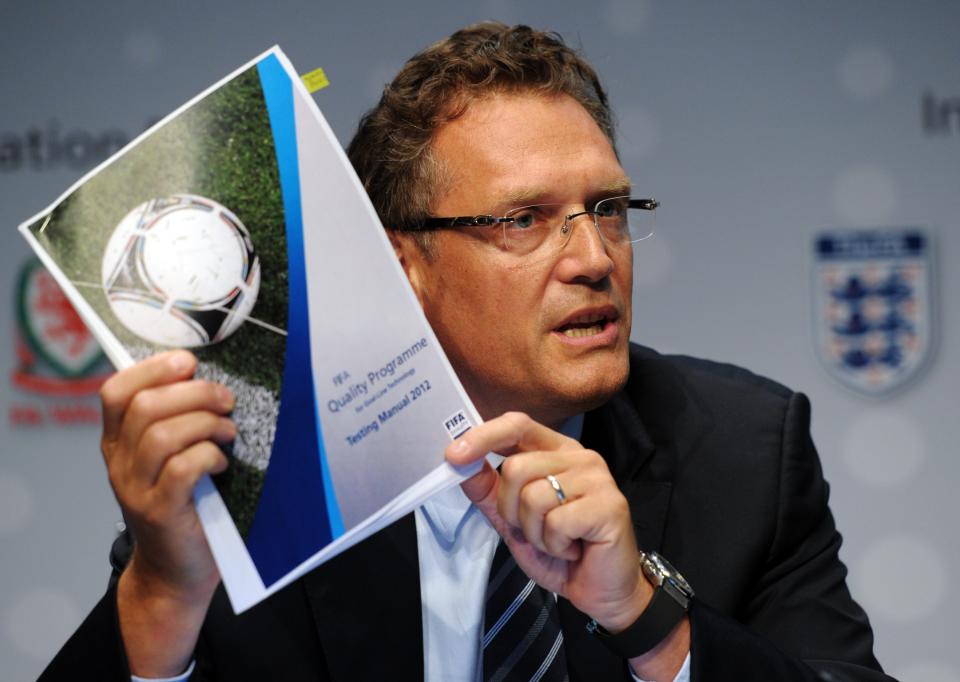 Jerome Valcke, FIFA General Secretary, answers questions at a press conference about goal-line technology in Zurich, Switzerland, Thursday July 5, 2012. Goal-line technology has been given the go-ahead by the International Football Association Board (IFAB) following a vote at FIFA headquarters in Zurich. (AP Photo / KEYSTONE/Steffen Schmidt)