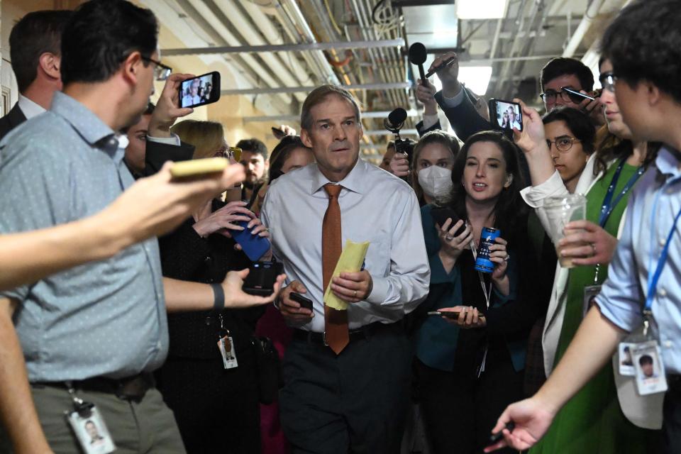 Representative Jim Jordan, R-Ohio, speaks to members of the media at the US Capitol in Washington, DC, on Oct. 4, 2023. Lawmakers screamed and bickered in a raucous session on Oct. 3, 2023, that eventually yielded to a stunned silence: for the first time in US history the House of Representatives had removed its own speaker. Kevin McCarthy fell victim to a rebellion by a small far-right clutch in his Republican Party that has made life hell for him since he took up the speaker's gavel in January. Jordan has stated he will run to replace McCarthy in the role of House Speaker.