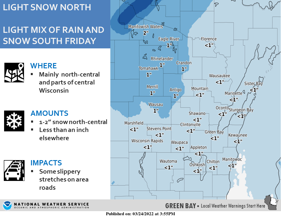 Light snow is forecast across areas of northern and central Wisconsin on Friday.