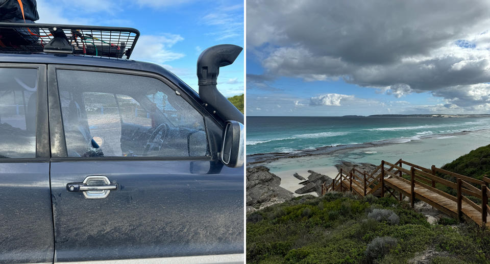 Left, Thiago Mizutani's 4WD with smashed window. Right, the Esperance beach.