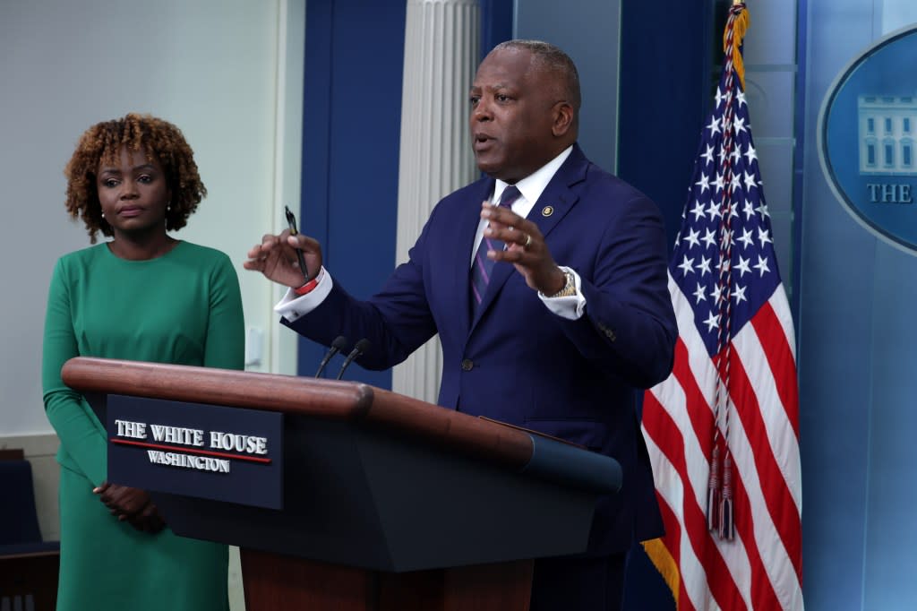 White House senior adviser Stephen Benjamin (right) said the Biden administration’s achievements tell “a beautiful story.” Above, he takes part in an August 2023 news briefing with press secretary Karine Jean-Pierre. (Photo by Alex Wong/Getty Images)