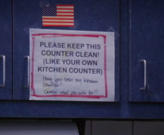 A close up of the sign, with Have you seen my kitchen counter, careful what you wish for written on it