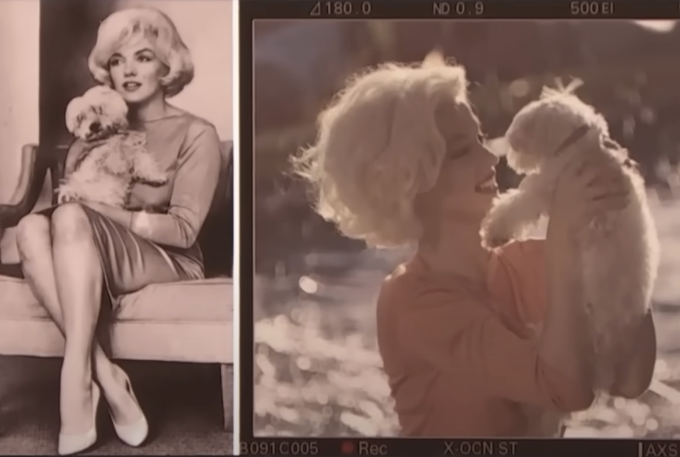 Side-by-side of Marilyn Monroe and Ana de Armas with their dogs