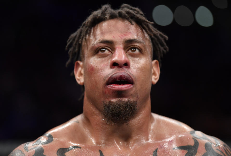 MOSCOW, RUSSIA - NOVEMBER 09:  Greg Hardy reacts after the conclusion of his heavyweight bout against Alexander Volkov during the UFC Fight Night event at CSKA Arena on November 09, 2019 in Moscow, Russia. (Photo by Jeff Bottari/Zuffa LLC via Getty Images)