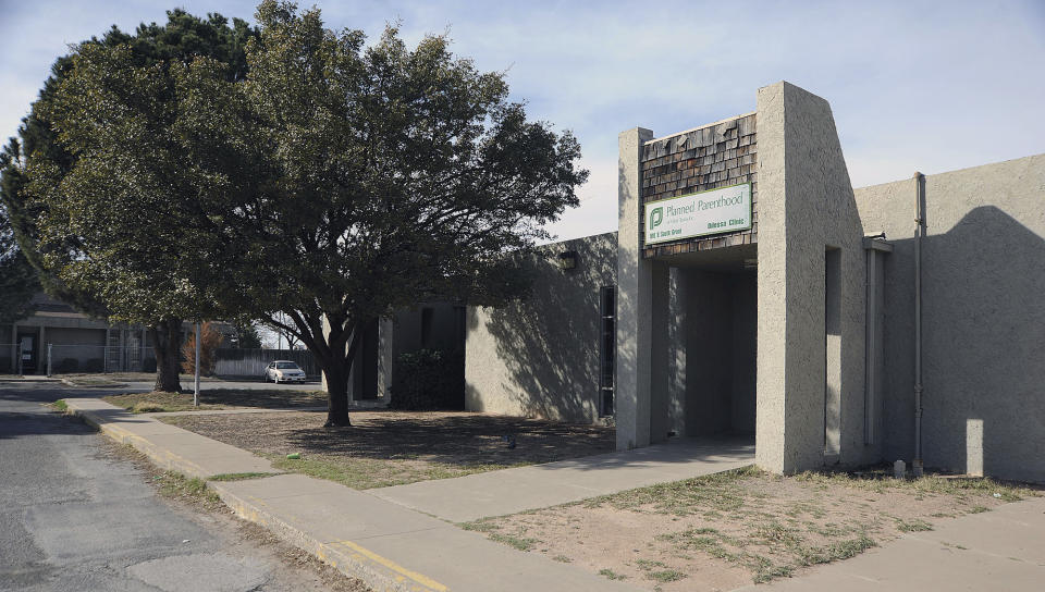 FILE - This Feb. 2012 file photo shows the Odessa, Texas Planned Parenthood office which closed March 9, 2012, after losing funding from the Women's Health Program. In 2019, across a huge swath of West Texas and the Panhandle, the nearest abortion clinics are more than 250 miles away, despite the region having several midsize cities and a population of more than 1 million people. (Mark Sterkel/Odessa American via AP)