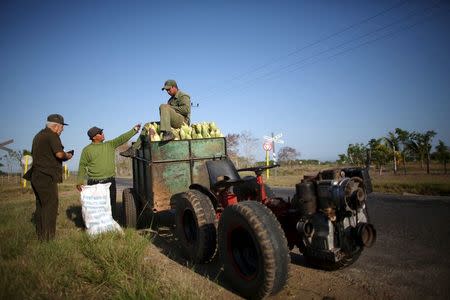 Farmers Wilber Sanchez, 30 (C), and Dusniel Pacheco, 32 (R), sell corn to an army officer on the highway near San Antonio de los Banos in Artemjsa province, Cuba, April 13, 2016. REUTERS/Alexandre Meneghini