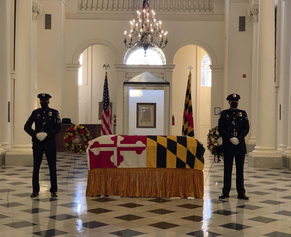 Maryland Senate President Emeritus Thomas V. Mike Miller, Jr. lies in state at the Maryland Statehouse in Annapolis, Md., on Friday, Jan. 22, 2021. Miller was a state legislator for 50 years. A Democrat, he served as president of the Maryland Senate for 33 years. He announced he was stepping down from the post in 2019, but he remained a senator until December. (Bill O'Leary/The Washington Post via AP, Pool)