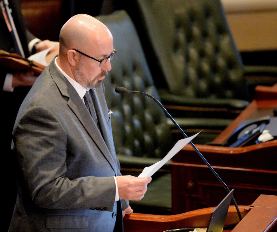 State Rep. Lance Yednock, D-Ottawa, answers questions about his bill, House Bill 2473 on the House floor Thursday, Nov. 9.